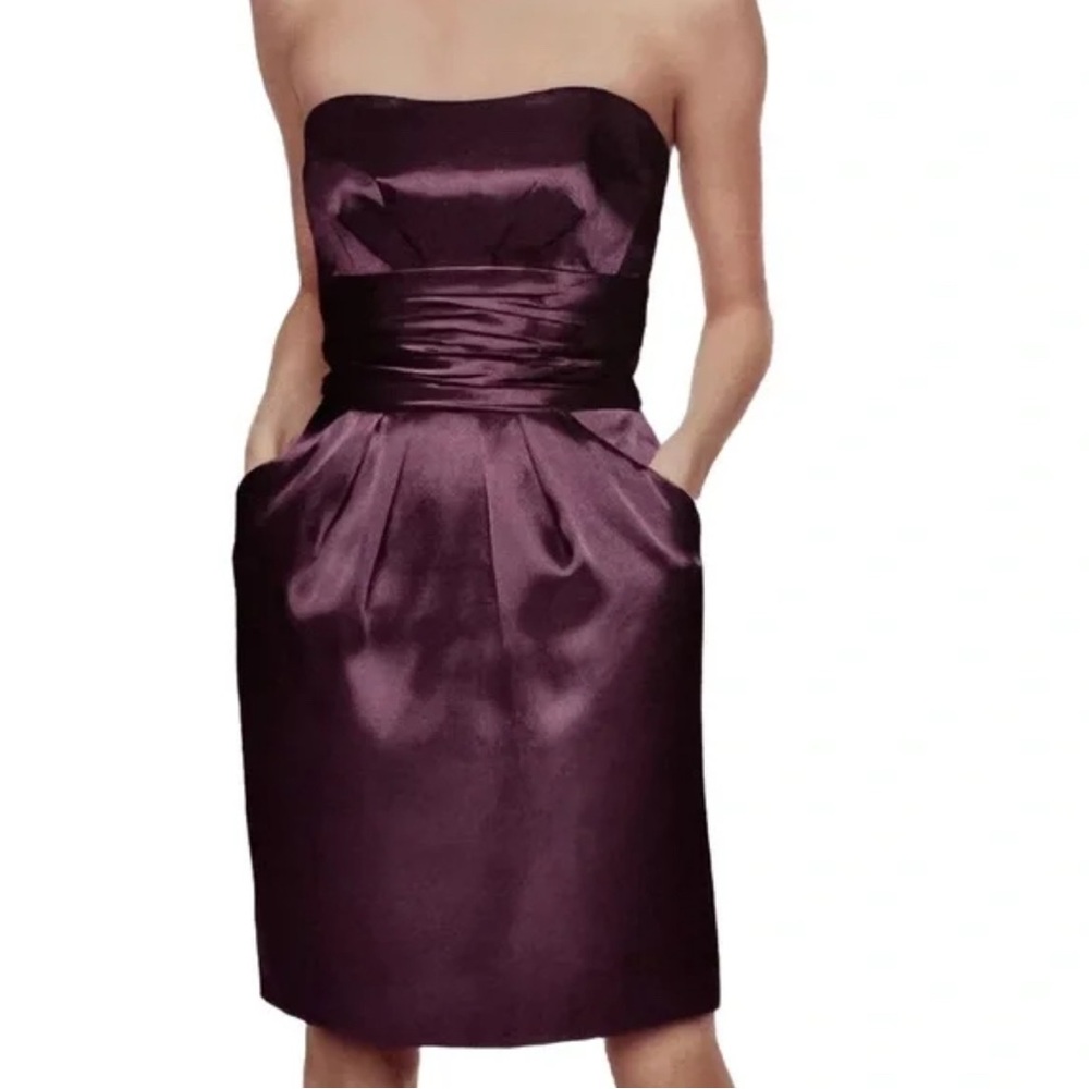 David’s Bridal Strapless Plum Satin Ruched Cocktail / Bridesmaid Dress-Sze 4